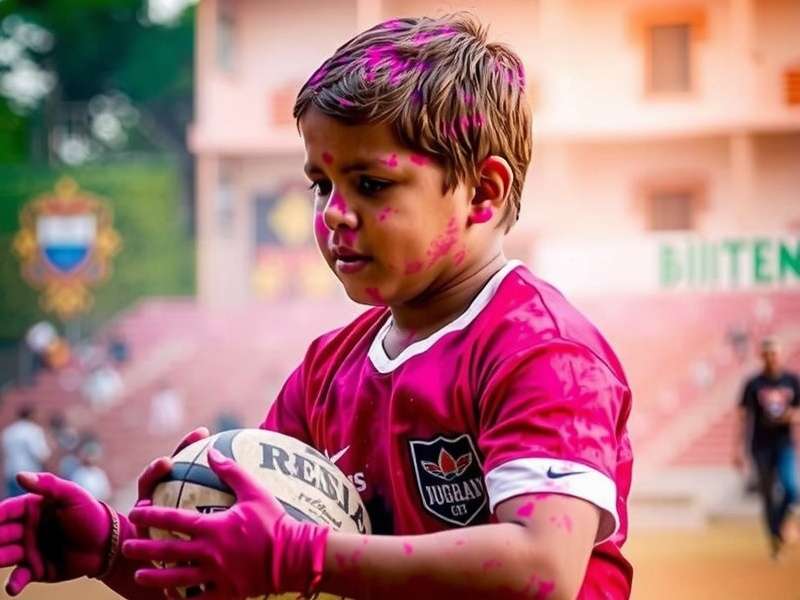 Holi Hustle Event in Rugby Prodigy IN - Players Covered in Gulal Rugby Prodigy IN Holi Event